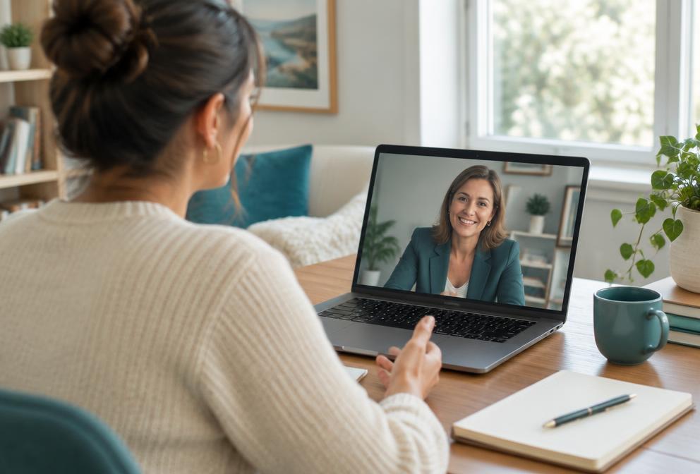 A business owner speaking with a consultant by video