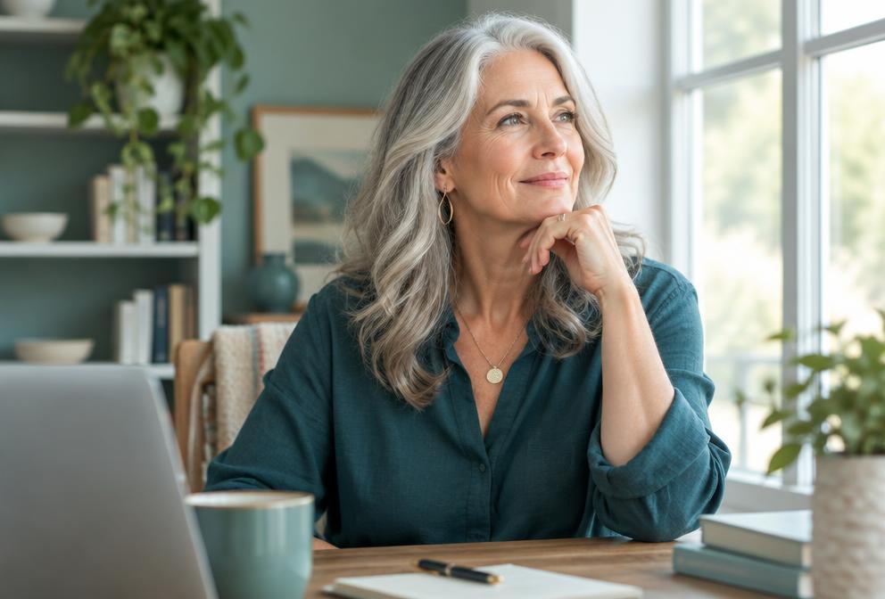 A thoughtful business owner at her desk