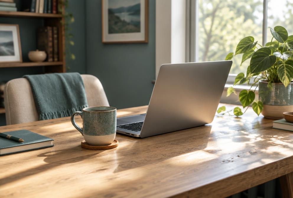A calm workspace with a laptop and plants